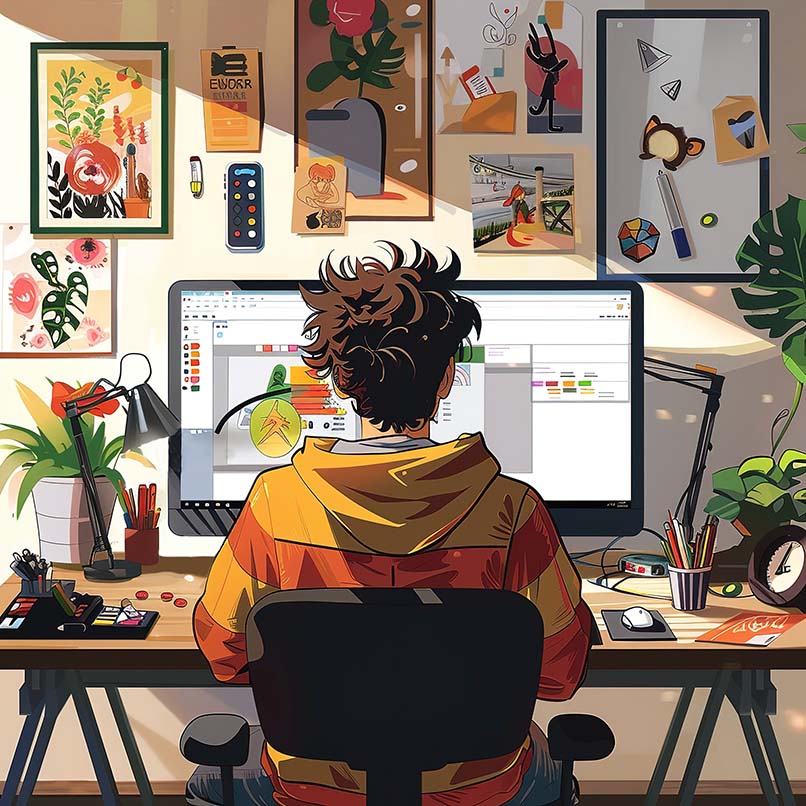 A young graphic designer sitting at a desk, working on digital art with plants, posters, and sketches surrounding the workspace.