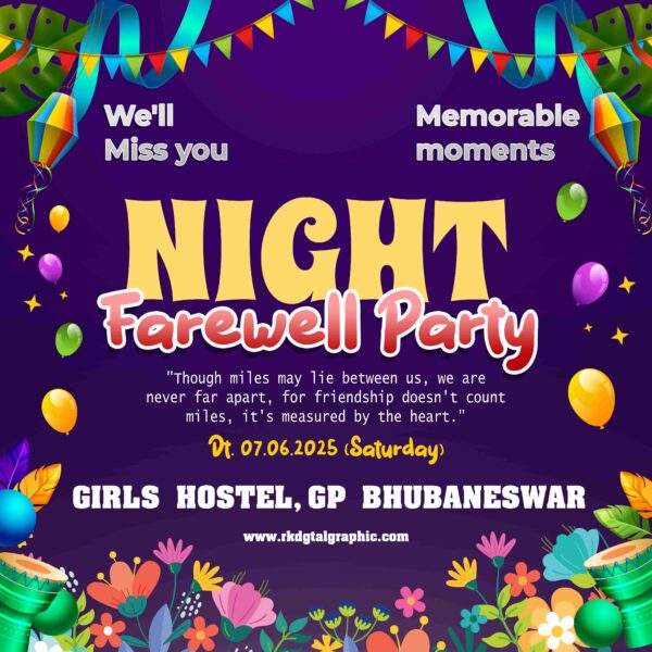 Editable Night Farewell Party PSD Template – 4x4 size Photoshop banner for schools, colleges, and corporate farewell events.
