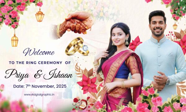 Priya & Ishaan Ring Ceremony PSD Template – Editable 5x3 Engagement Flex Banner Design for Photoshop