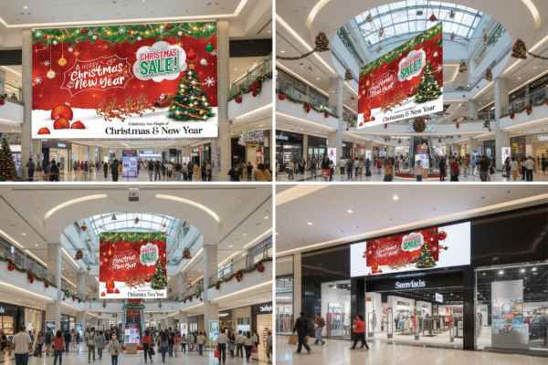 Festive Christmas flex banner design with Santa Claus and Christmas tree