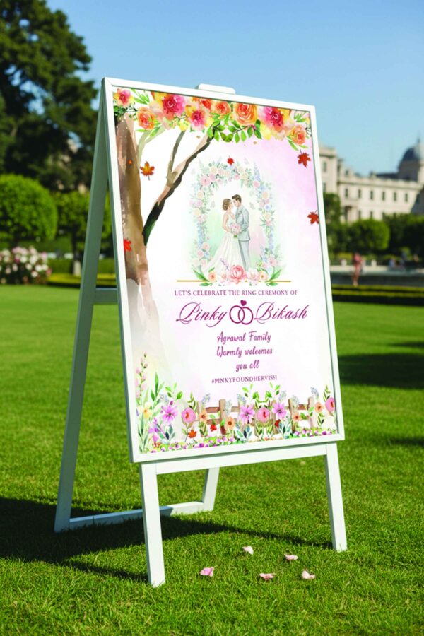 Romantic floral ring ceremony welcome sign printable template with couple illustration