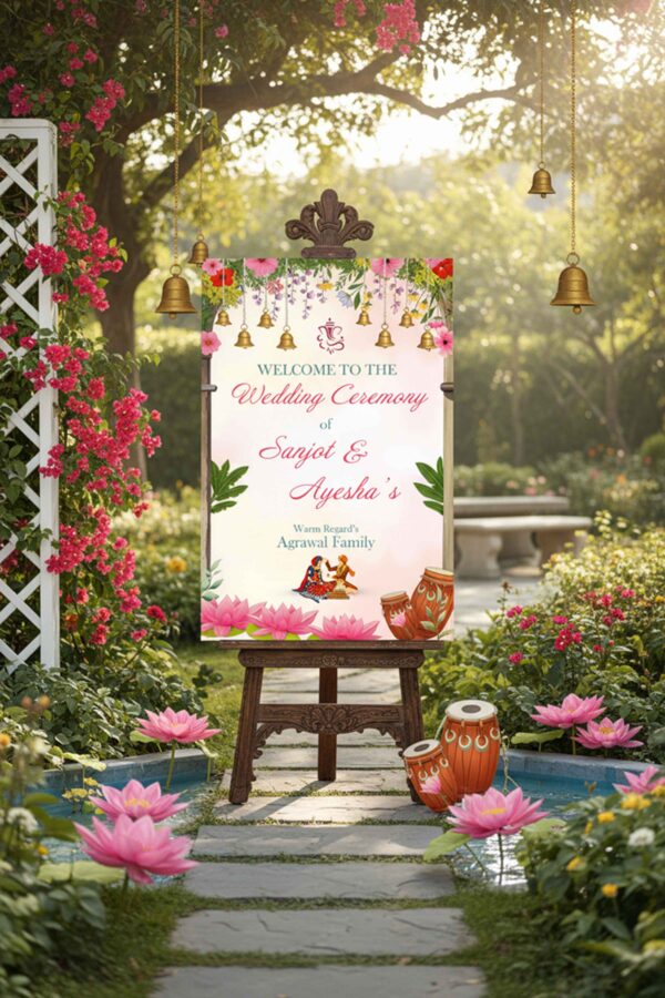 Floral wedding welcome ceremony sign printable template with hanging bells
