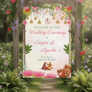 Floral wedding welcome ceremony sign printable template with hanging bells