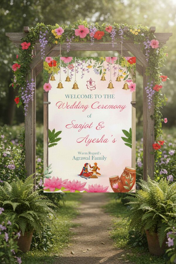 Floral wedding welcome ceremony sign printable template with hanging bells
