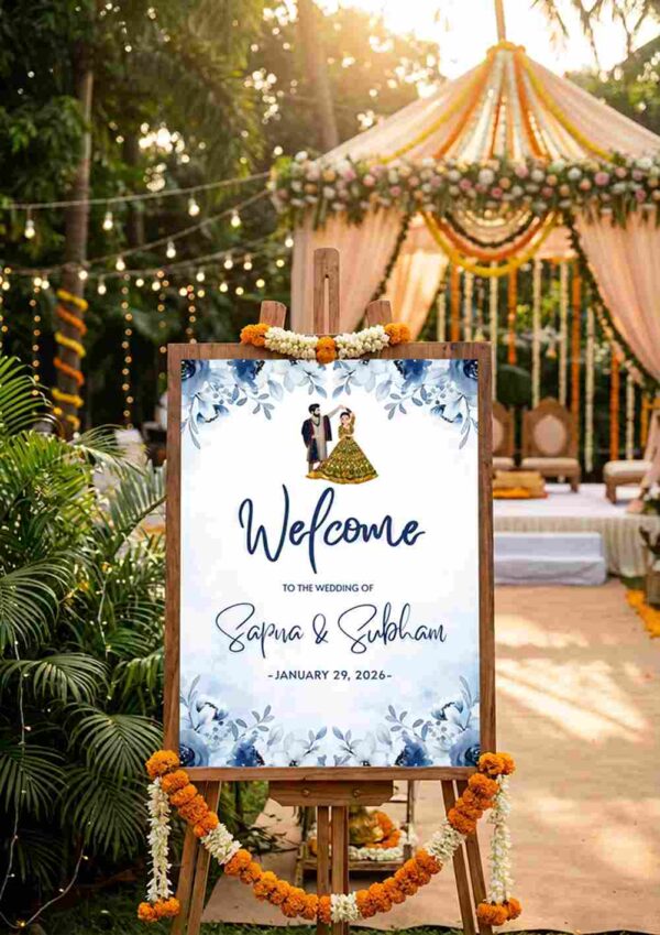 Blue floral watercolor wedding welcome sign template with illustrated couple and elegant typography