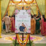 Floral haldi ceremony welcome sign printable template with illustrated couple