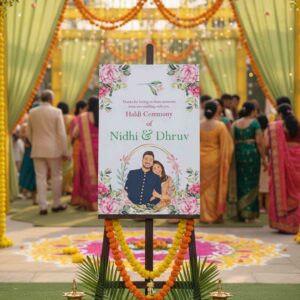 Floral haldi ceremony welcome sign printable template with illustrated couple