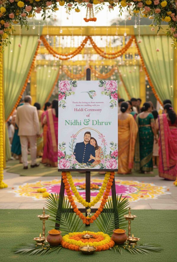 Floral haldi ceremony welcome sign printable template with illustrated couple