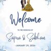 Blue floral watercolor wedding welcome sign template with illustrated couple and elegant typography