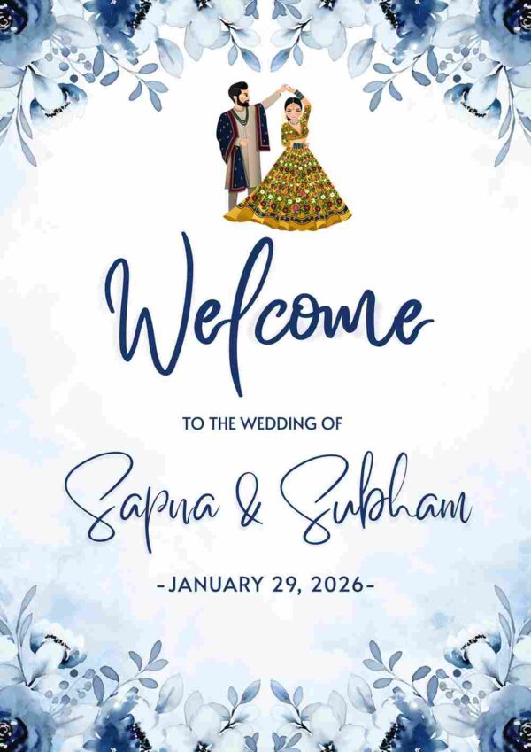Blue floral watercolor wedding welcome sign template with illustrated couple and elegant typography