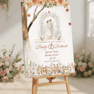 Romantic floral ring ceremony welcome sign printable template with couple illustration