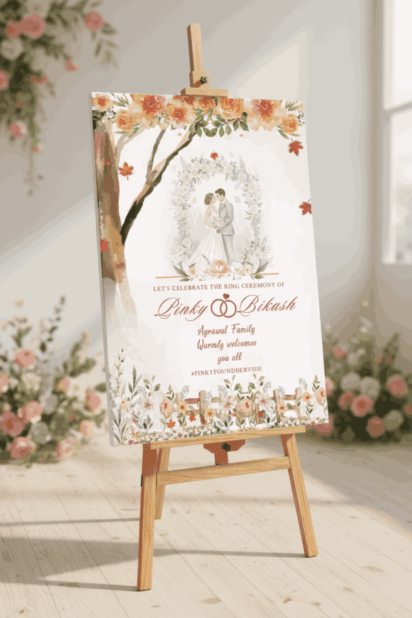 Romantic floral ring ceremony welcome sign printable template with couple illustration