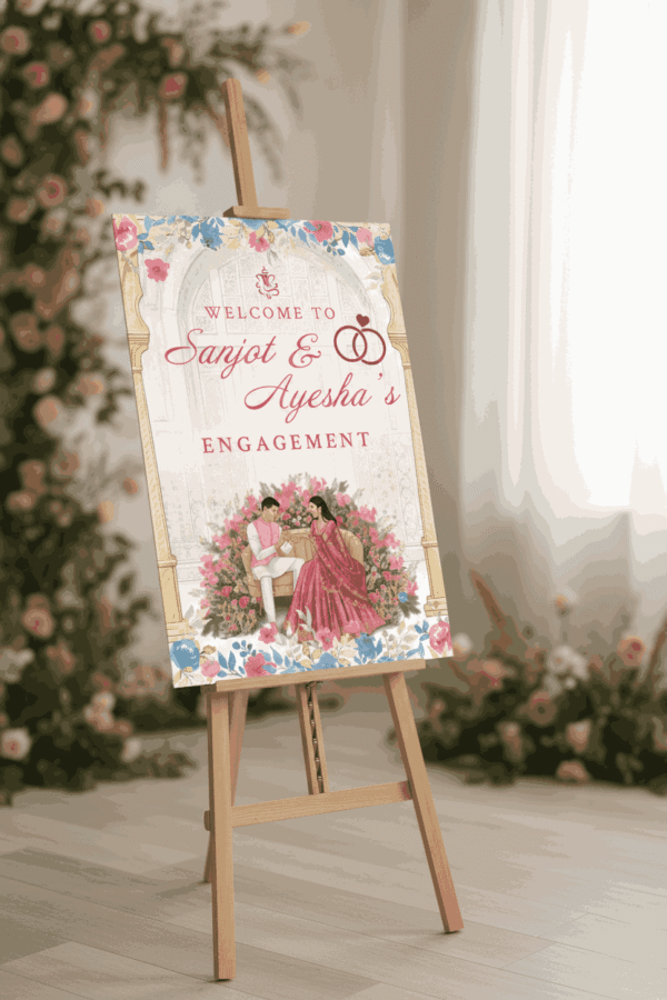Royal floral engagement welcome sign printable template with couple illustration