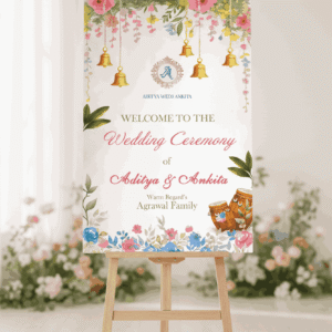 Floral wedding welcome ceremony sign printable template with hanging bells