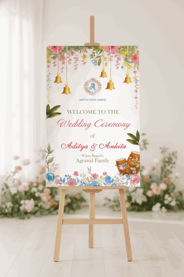 Floral wedding welcome ceremony sign printable template with hanging bells