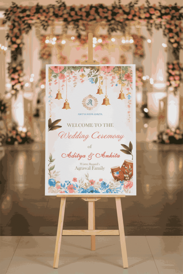 Floral wedding welcome ceremony sign printable template with hanging bells