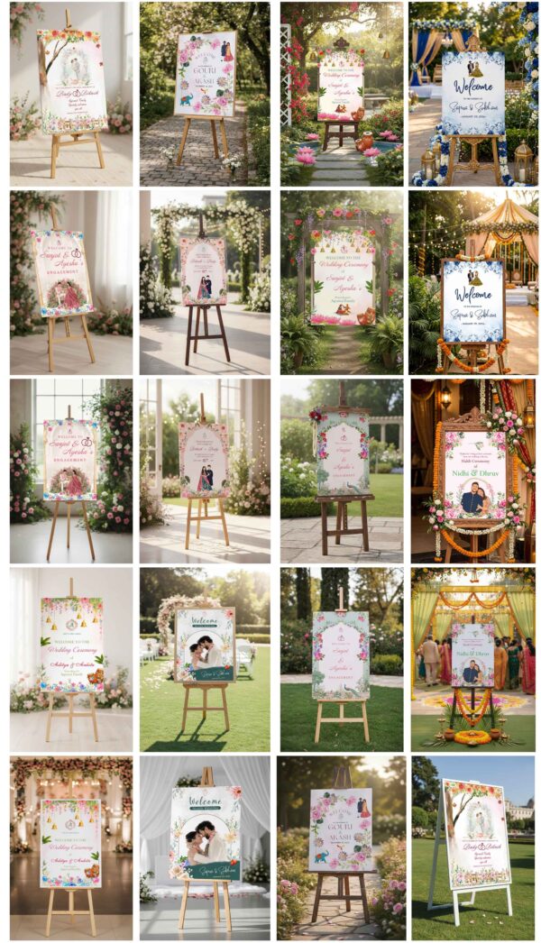 Editable wedding welcome sign board PSD template with floral watercolor design